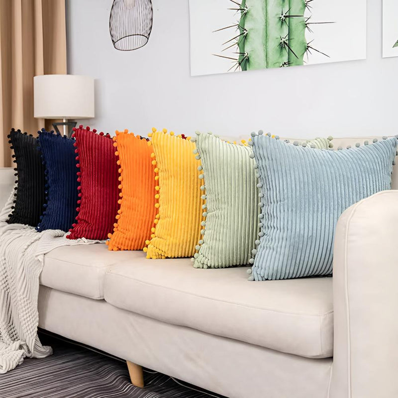 Plush Ribbed Pom-Pom Cushion Cover