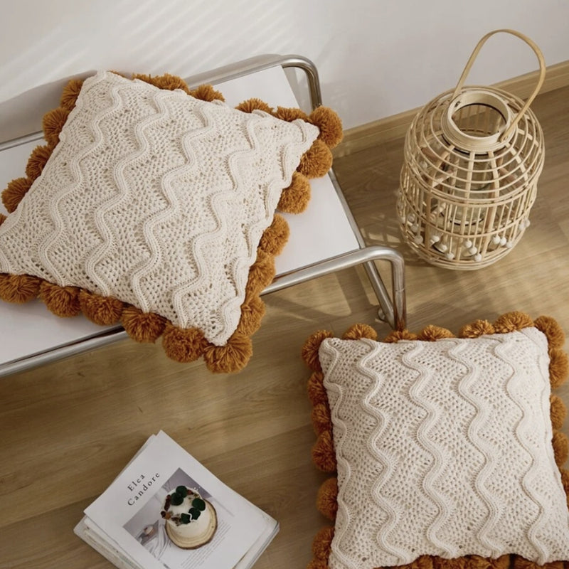 Soft Wavy Knit Pompom Cushion Cover