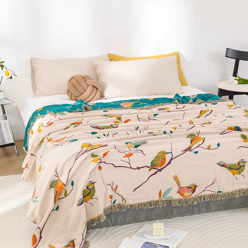 Whimsical Bird Tassel Cotton Blanket