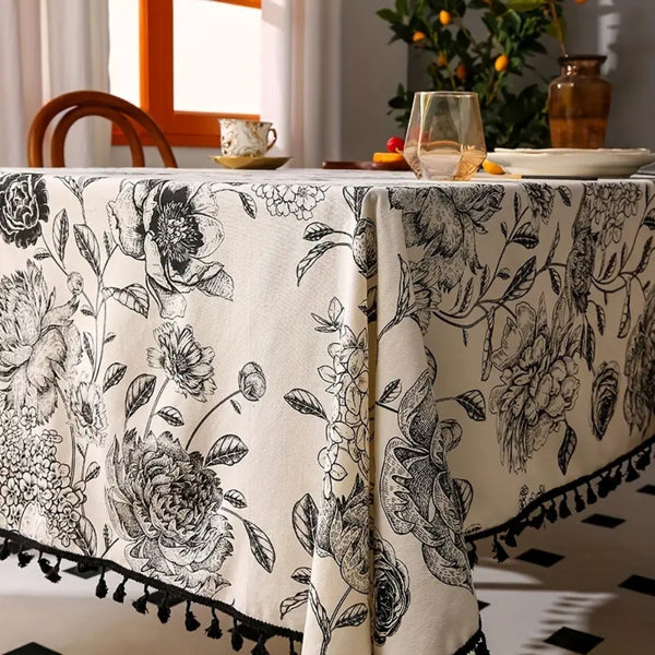 Black Floral Tasseled Farmhouse Tablecloth