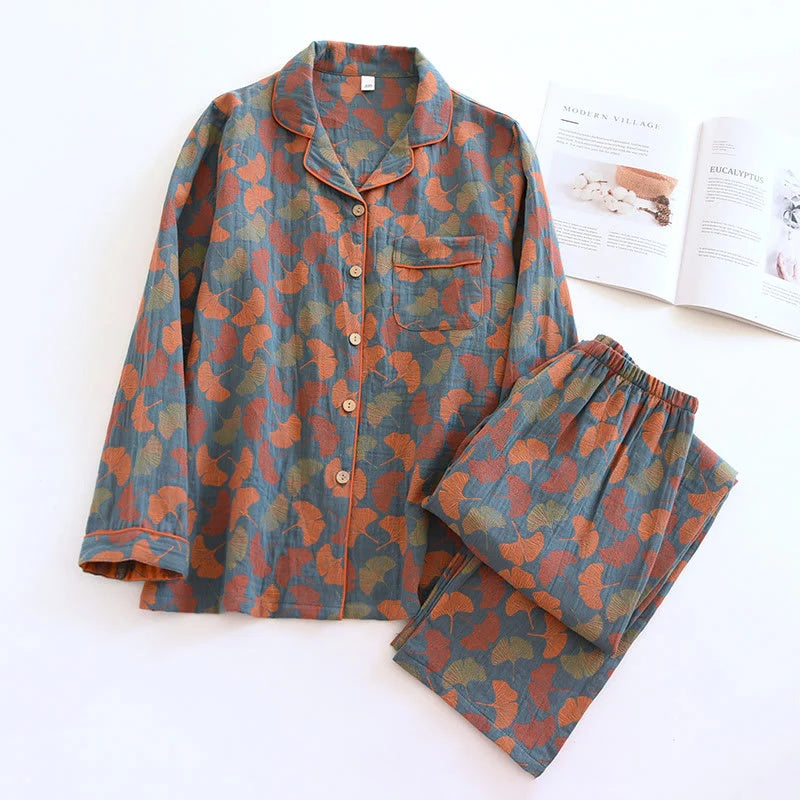 Leaf Print Button-Up Loungewear Set