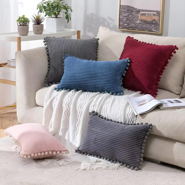 Plush Ribbed Pom-Pom Cushion Cover