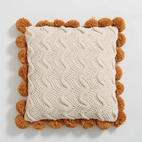 Soft Wavy Knit Pompom Cushion Cover