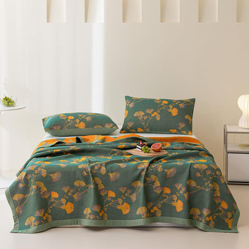 Jacquard Floral Ginkgo Leaves Reversible Coverlet