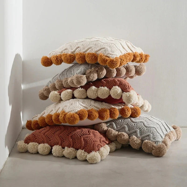 Soft Wavy Knit Pompom Cushion Cover