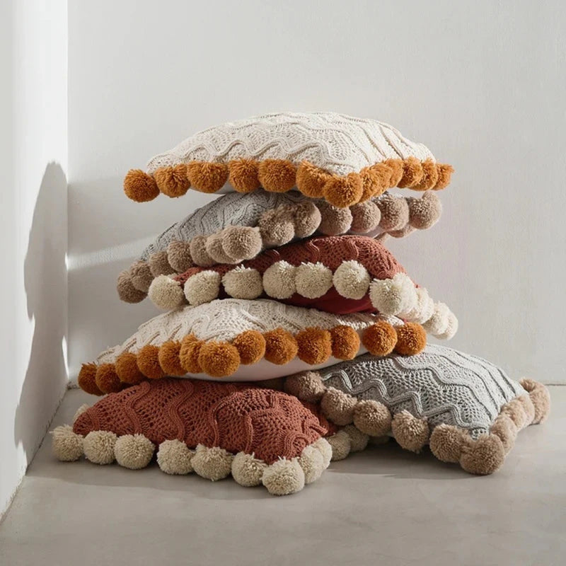 Soft Wavy Knit Pompom Cushion Cover