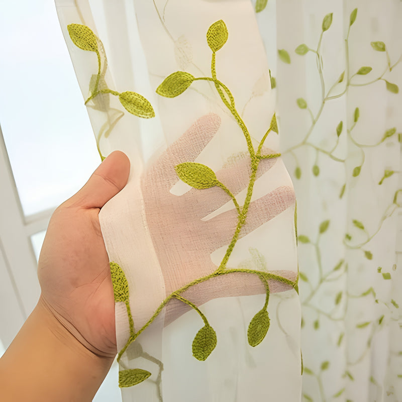 Green Leaf Embroidered Sheer Curtains