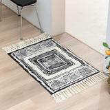 Black and White Geometric Tassel Floor Mat