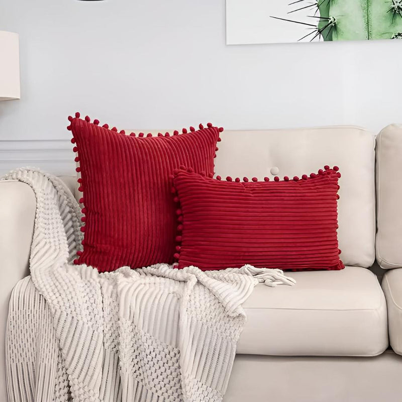 Plush Ribbed Pom-Pom Cushion Cover