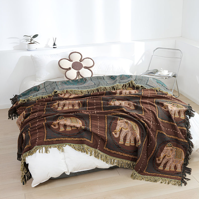 Bohemian Elephant Print Tassel Blanket