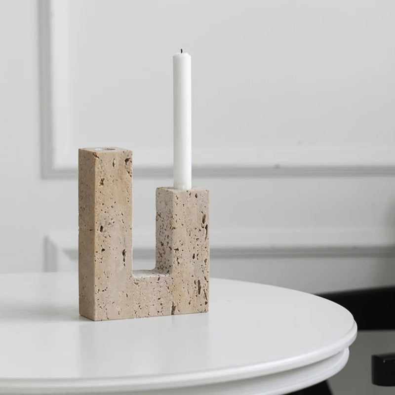 Dual Travertine Sculpted Candle Holder