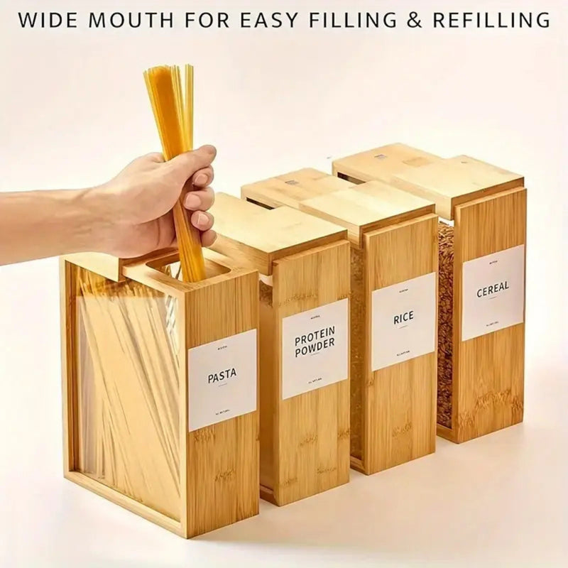 Sliding Bamboo Wood Pasta Grain Storage Container