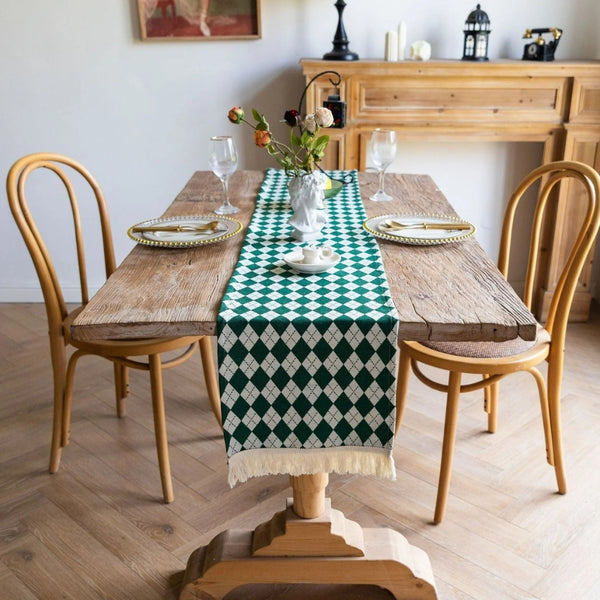 Tasseled Diamond Checkered Table Runner