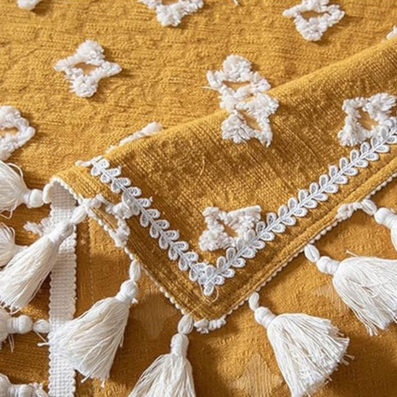 Versatile Yellow Embroidered Tassel Tablecloth